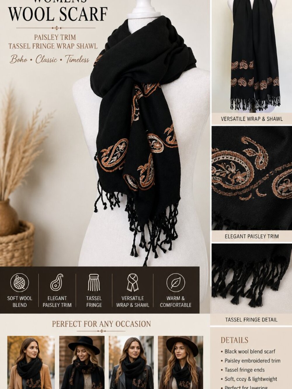 Womens Wool Scarf Black Paisley Trim Tassel Fringe Wrap Shawl Boho Soft